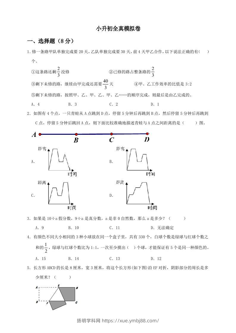 小升初数学全真模拟卷（二）人教版含答案-扬明学科网