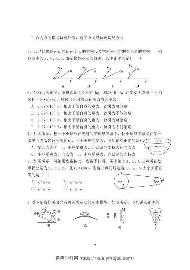 图片[2]-2020-2021年北京市延庆区高一物理下学期期中试卷及答案(Word版)-扬明学科网