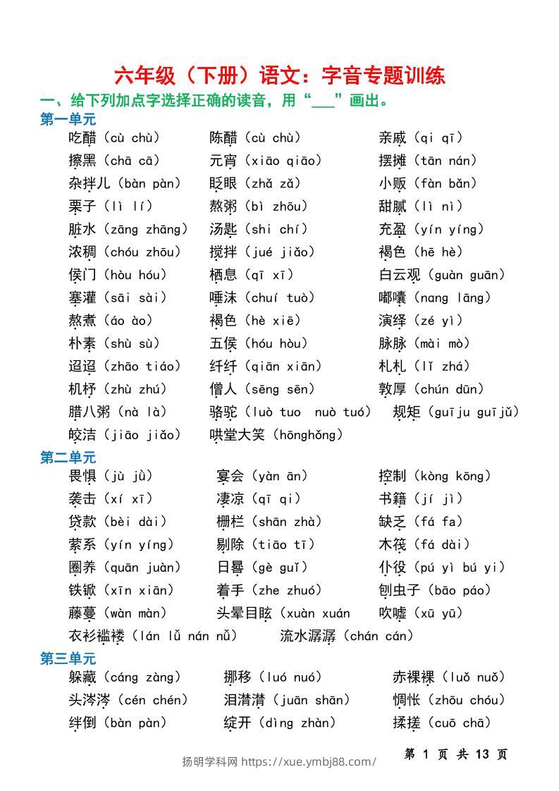 六下语文字音专题训练（含13页）-扬明学科网