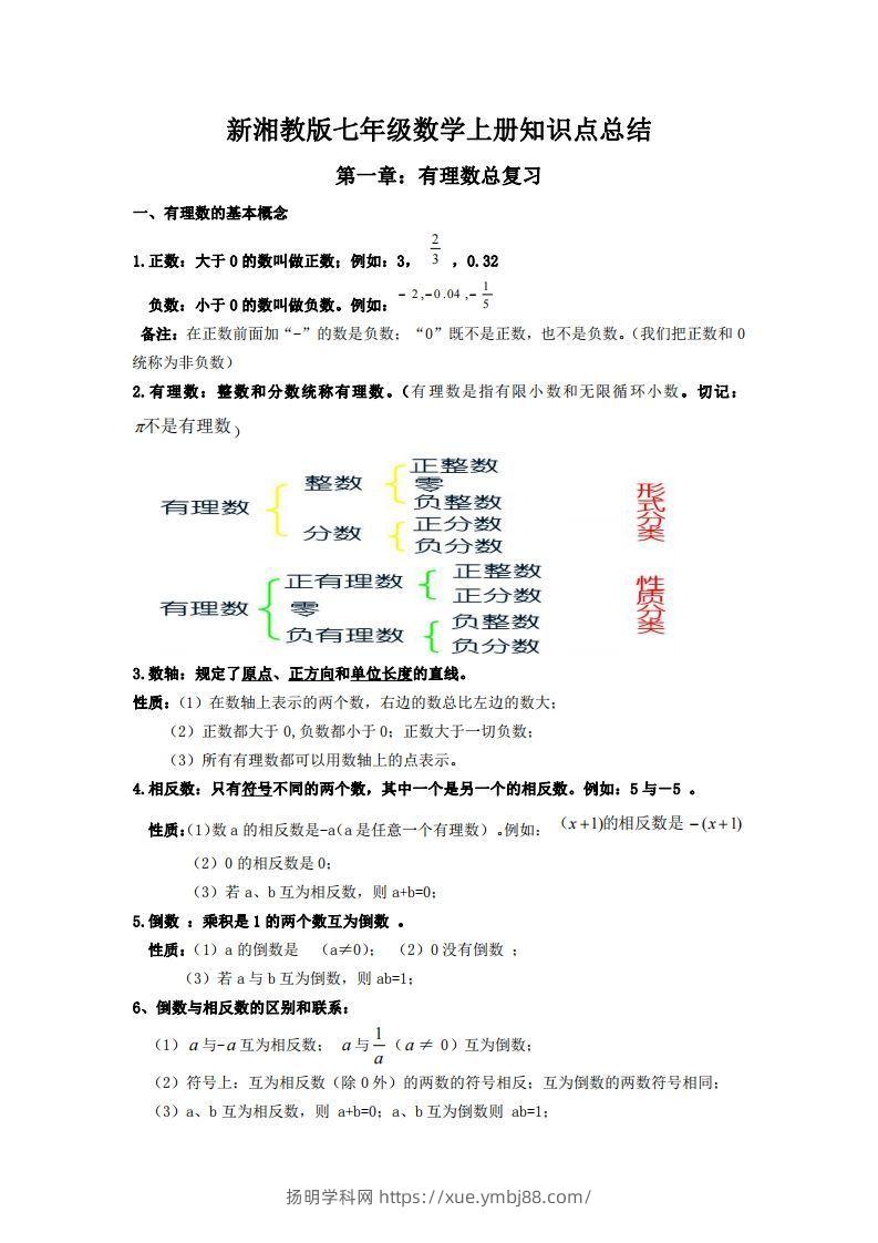 湘教版数学七年级上册知识点汇总-扬明学科网