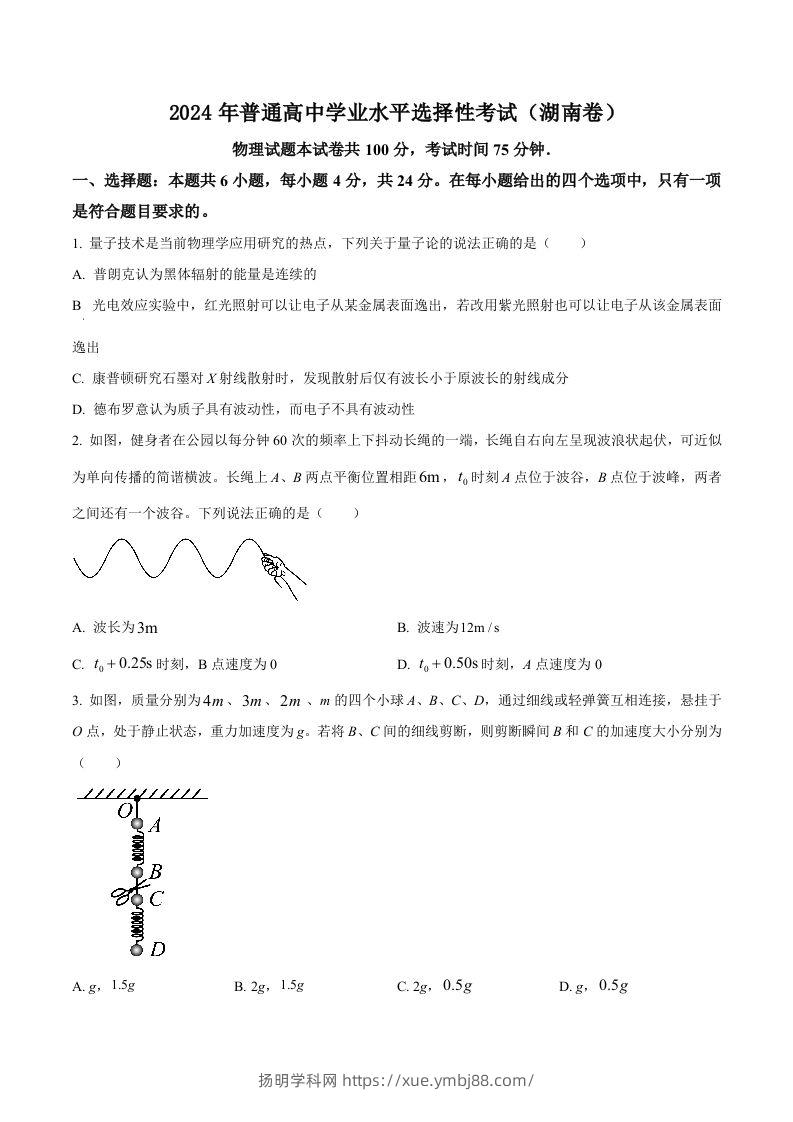 2024年高考物理试卷（湖南）（空白卷）-扬明学科网