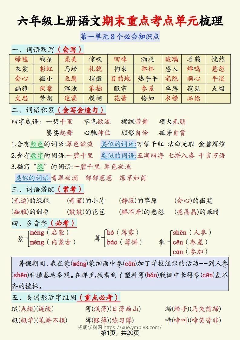 【期末重点考点单元梳理】六上语文-扬明学科网