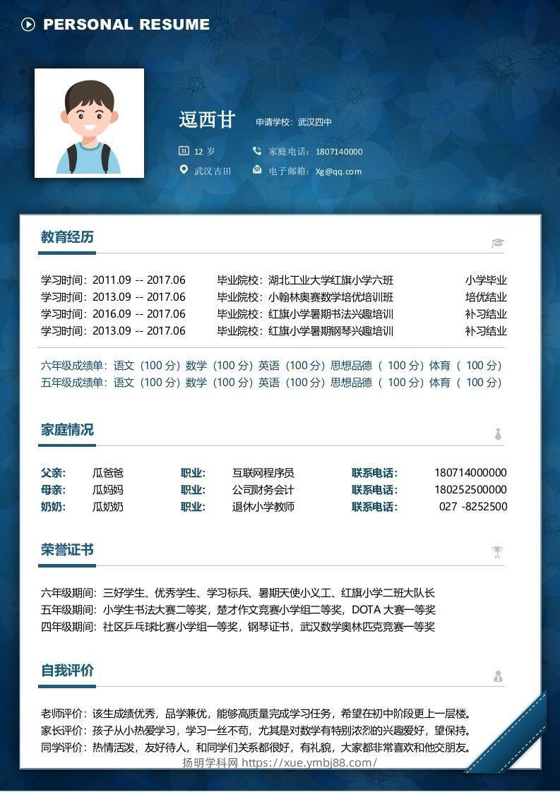 单页-小升初简历08-扬明学科网