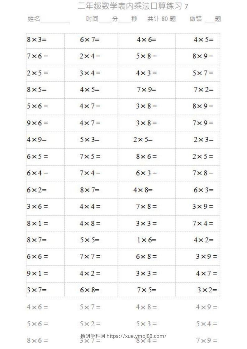 图片[2]-二上数学乘法口算题卡-扬明学科网