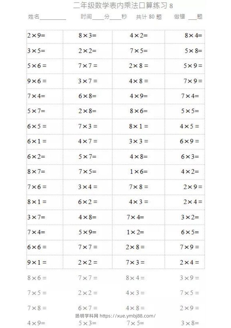 图片[3]-二上数学乘法口算题卡-扬明学科网