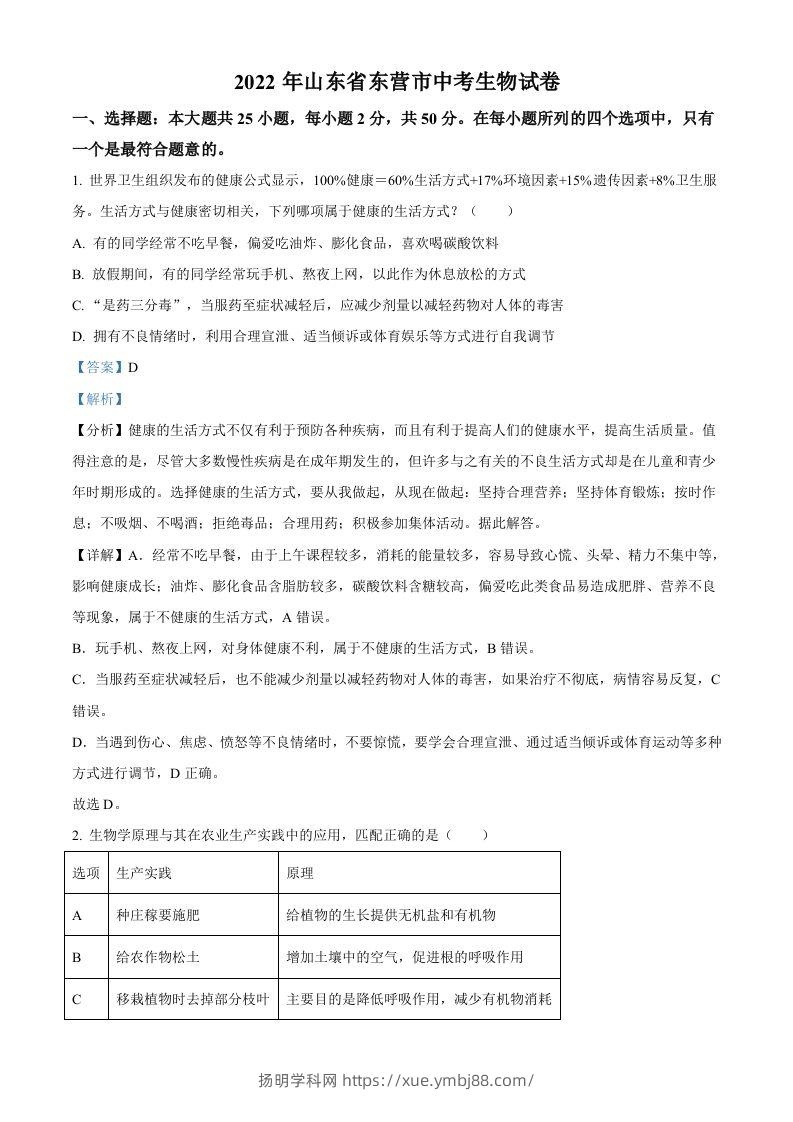 2022年山东省东营市中考生物真题（含答案）-扬明学科网
