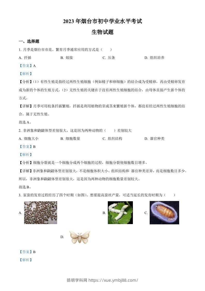 2023年山东省烟台市中考生物真题（含答案）-扬明学科网