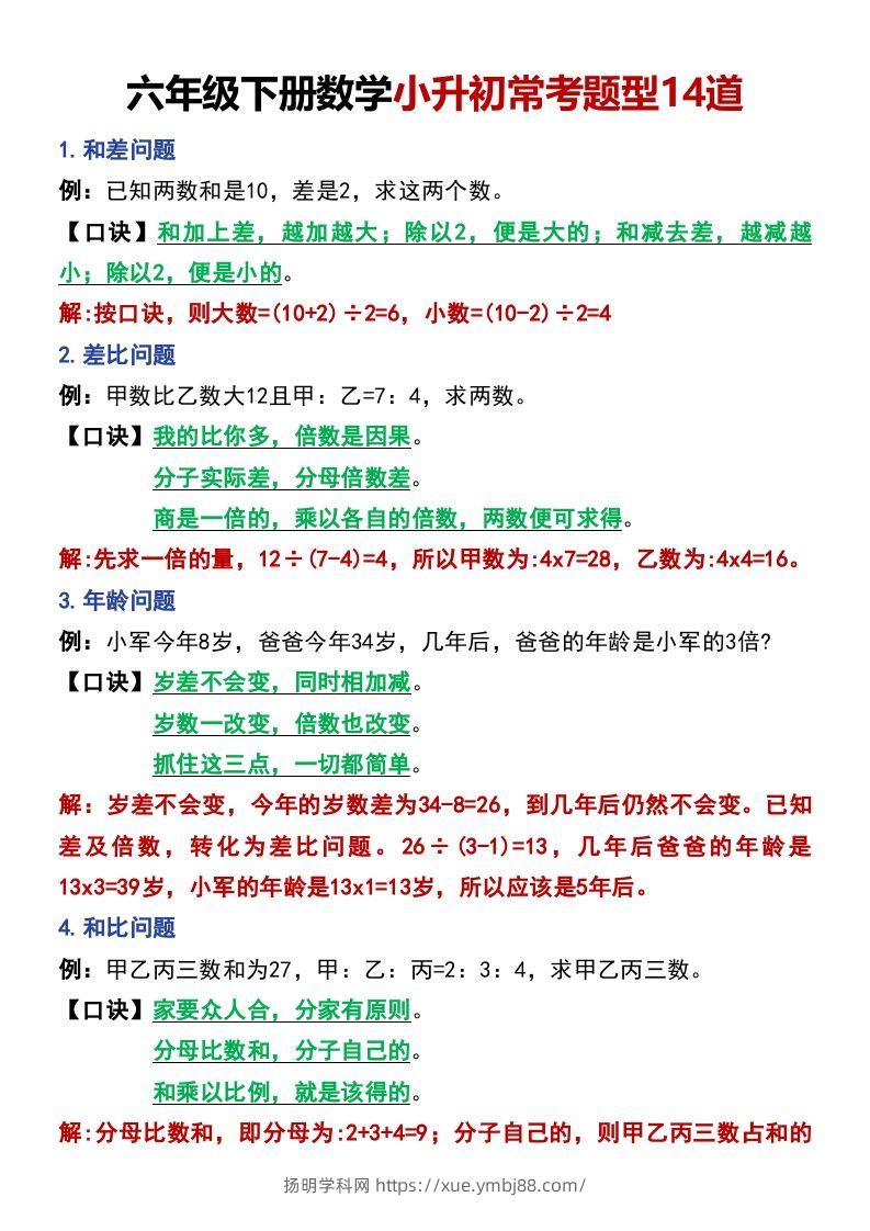 六年级下册数学小升初常考题型14道-扬明学科网