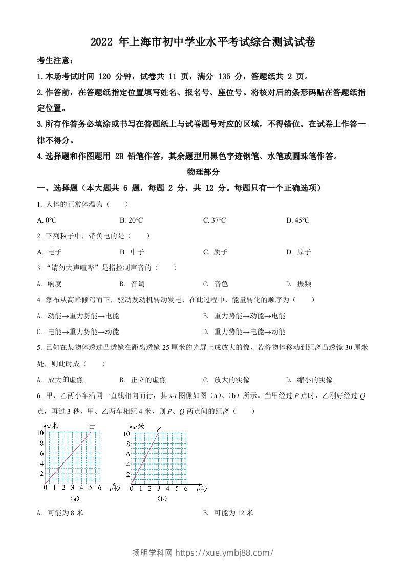 2022年上海市中考物理试题（空白卷）-扬明学科网