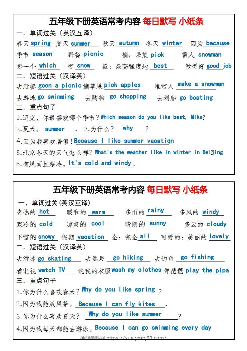 图片[2]-五年级下册英语常考内容每日默写小纸条-扬明学科网