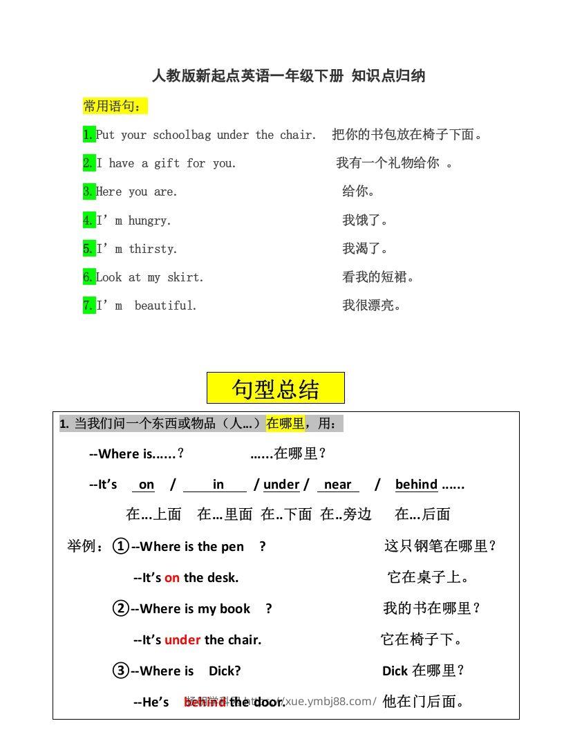 一年级英语下册一起点知识点汇总-扬明学科网