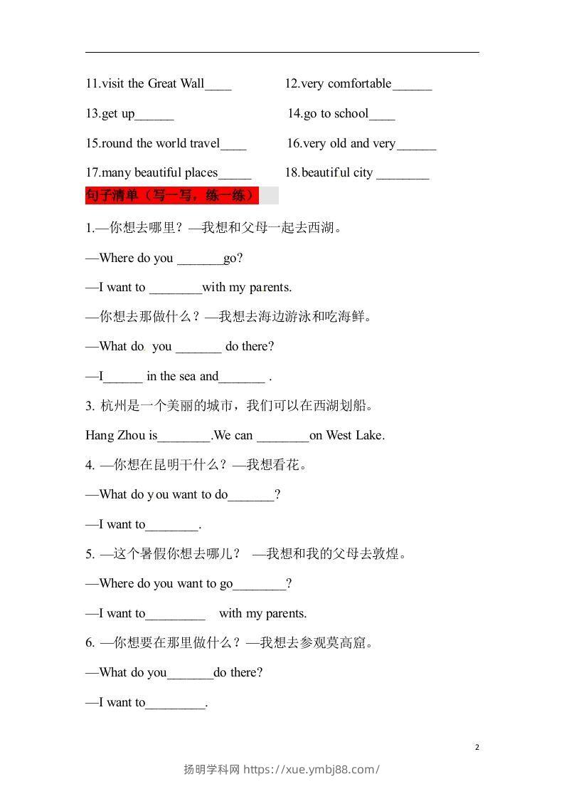 图片[2]-❤四年级英语下册单元知识背诵清单Unit3TravelPlans人教新起点（含答案）-扬明学科网