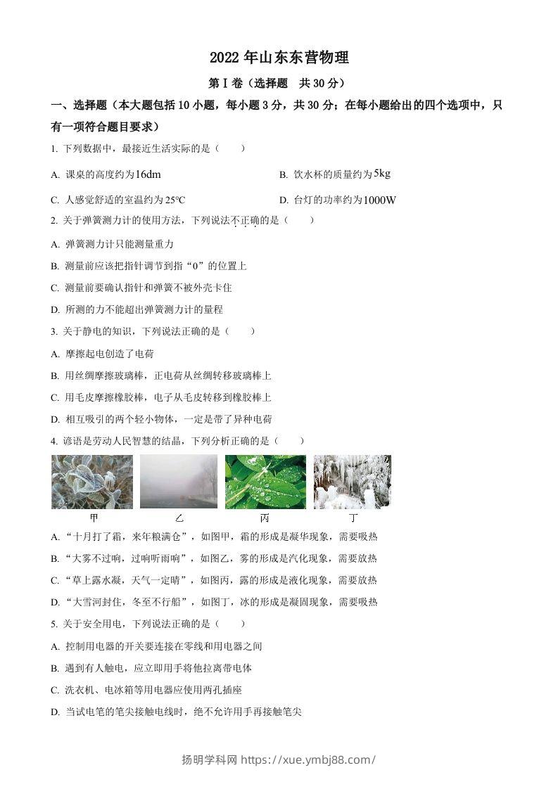 2022年山东省东营市中考物理试题（空白卷）-扬明学科网