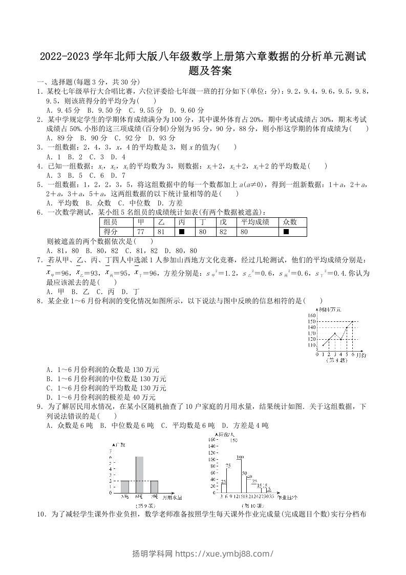 2022-2023学年北师大版八年级数学上册第六章数据的分析单元测试题及答案(Word版)-扬明学科网