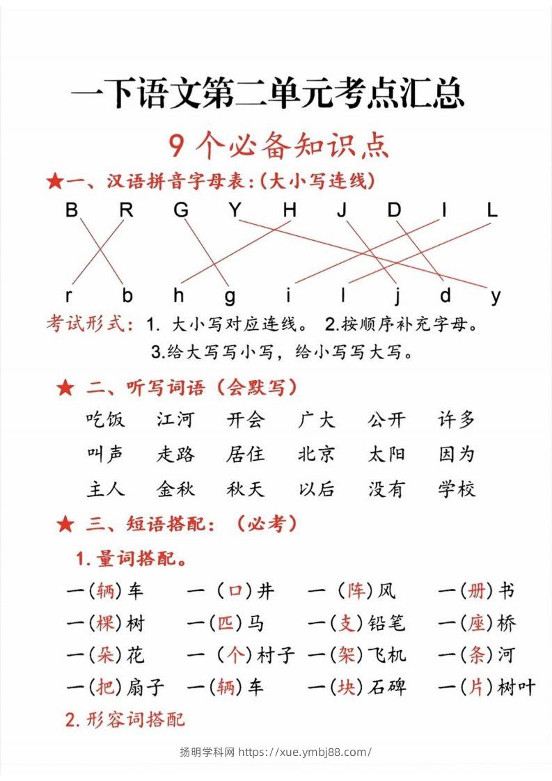 一年级语文下册第二单元考点-扬明学科网