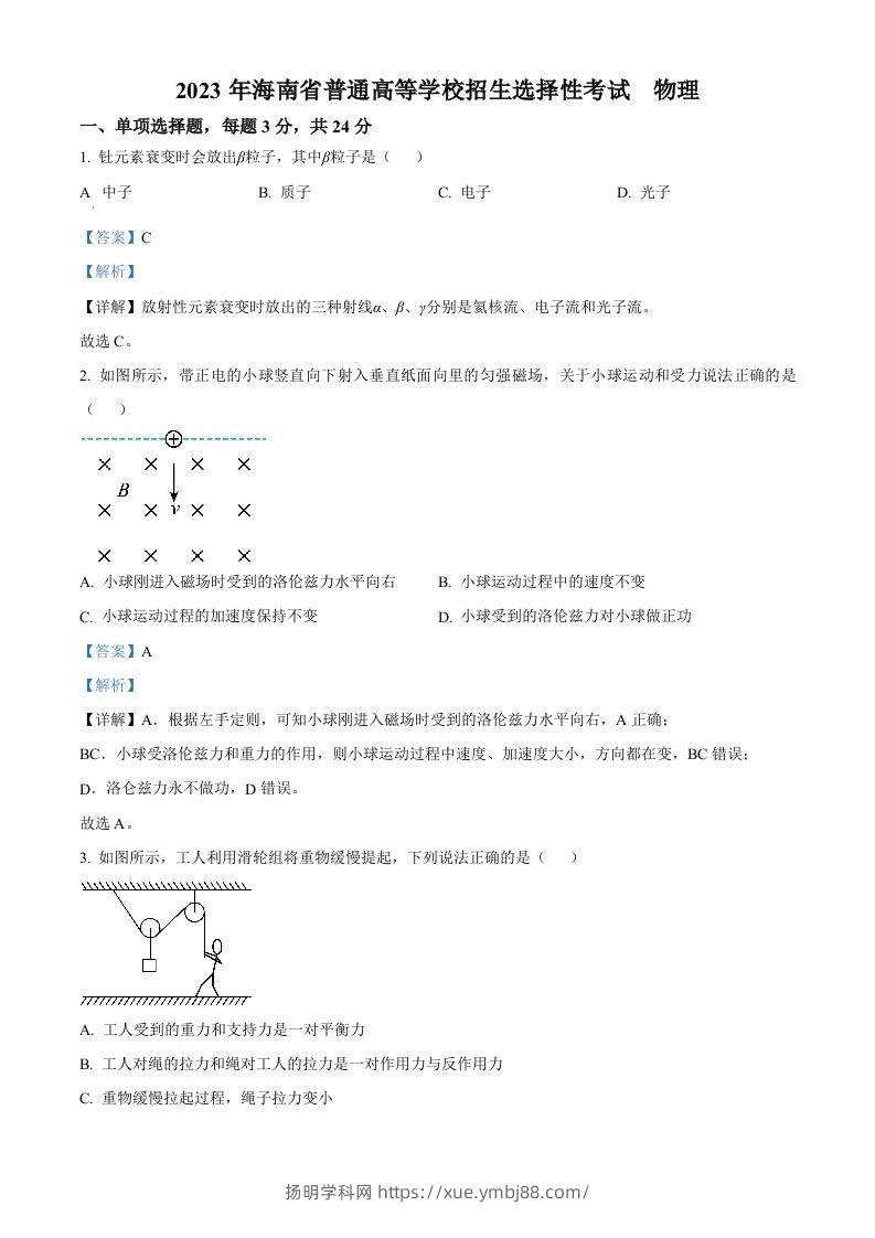2023年高考物理试卷（海南）（含答案）-扬明学科网