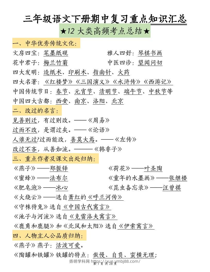 三下语文期中复习重点知识汇总-12大高频考点-扬明学科网