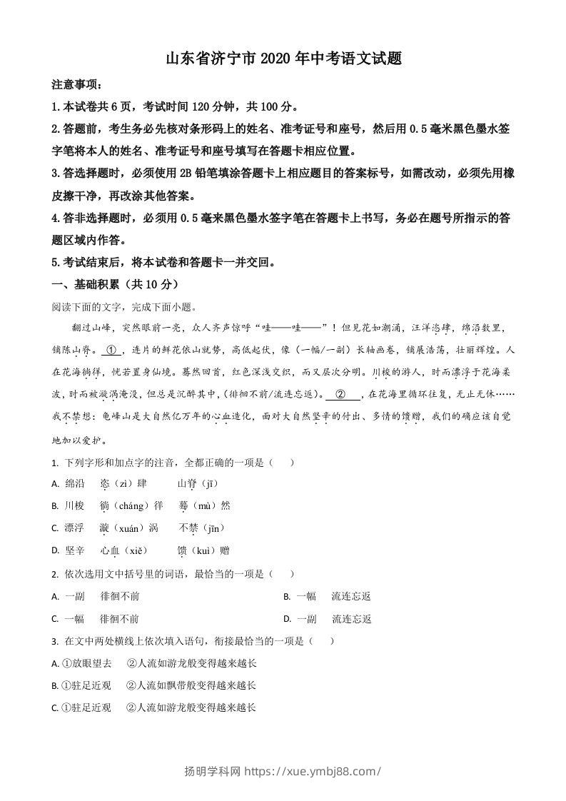 山东省济宁市2020年中考语文试题（含答案）-扬明学科网