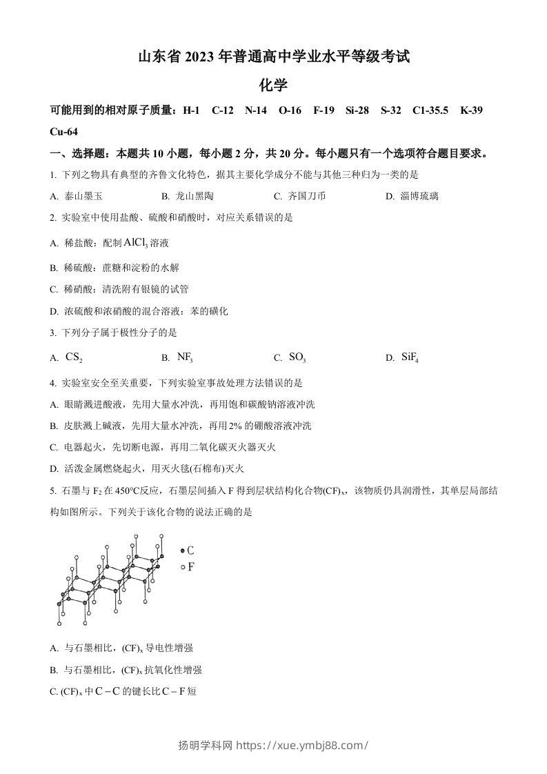 2023年高考化学试卷（山东）（空白卷）-扬明学科网