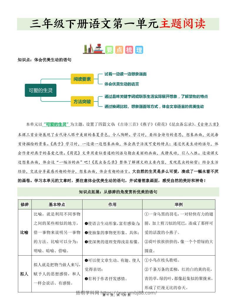 三下语文1-8单元《主题阅读》知识梳理+精选阅读理解（含答案126页）-扬明学科网
