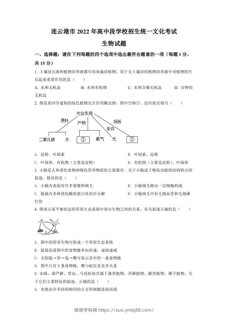 2022年江苏省连云港市中考生物真题（空白卷）-扬明学科网