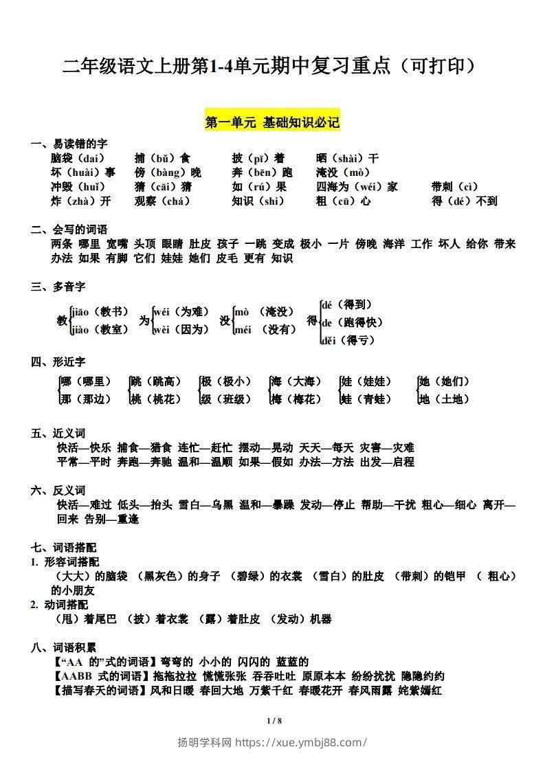 二上语文第单元期中复习必记（抖音）-扬明学科网