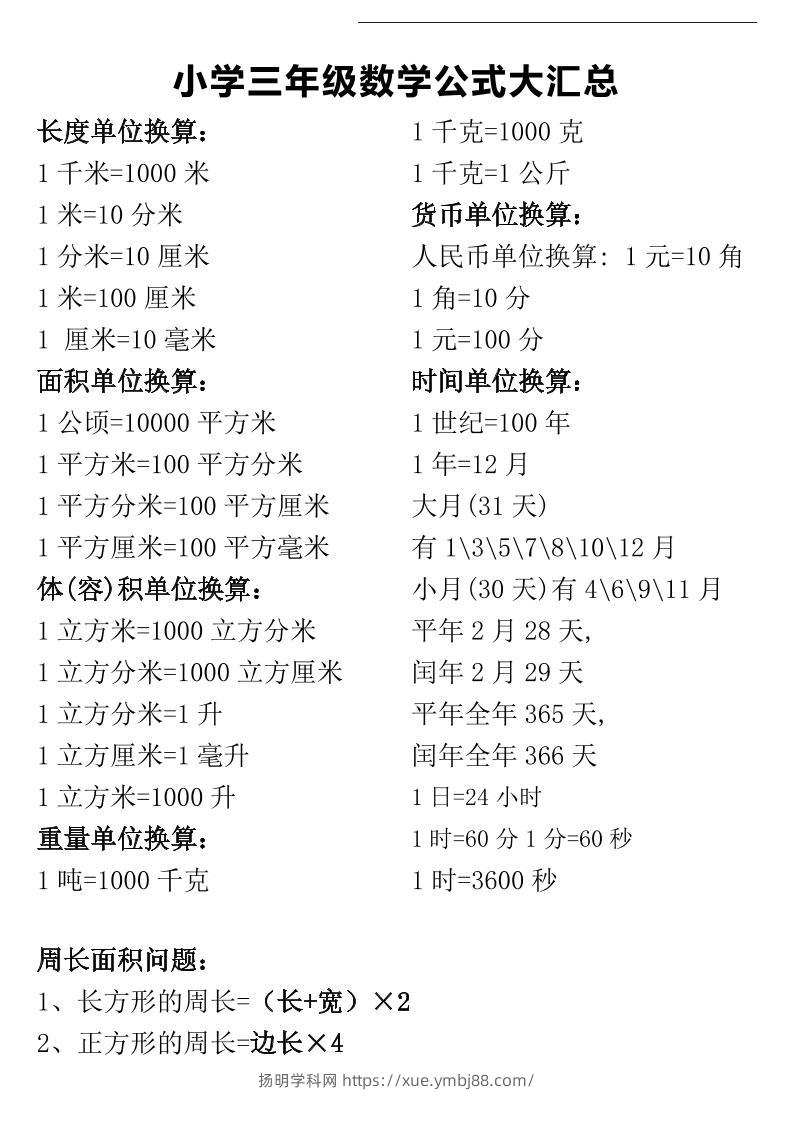 三年级下册数学公式大汇总-扬明学科网