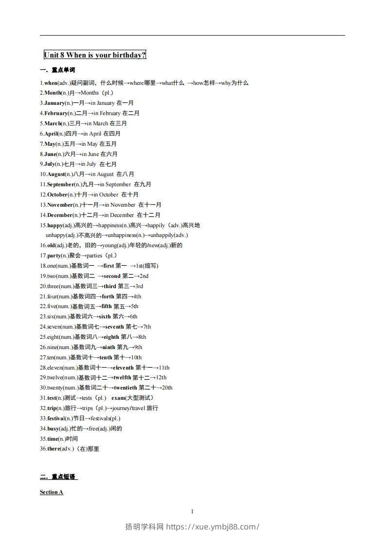 8.人教版七年级上英语Unit8复习提纲-扬明学科网