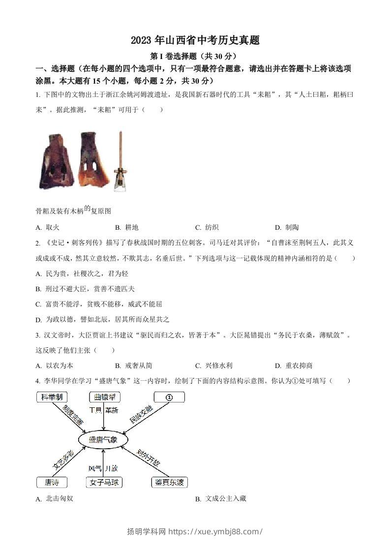 2023年山西省中考历史真题（空白卷）-扬明学科网