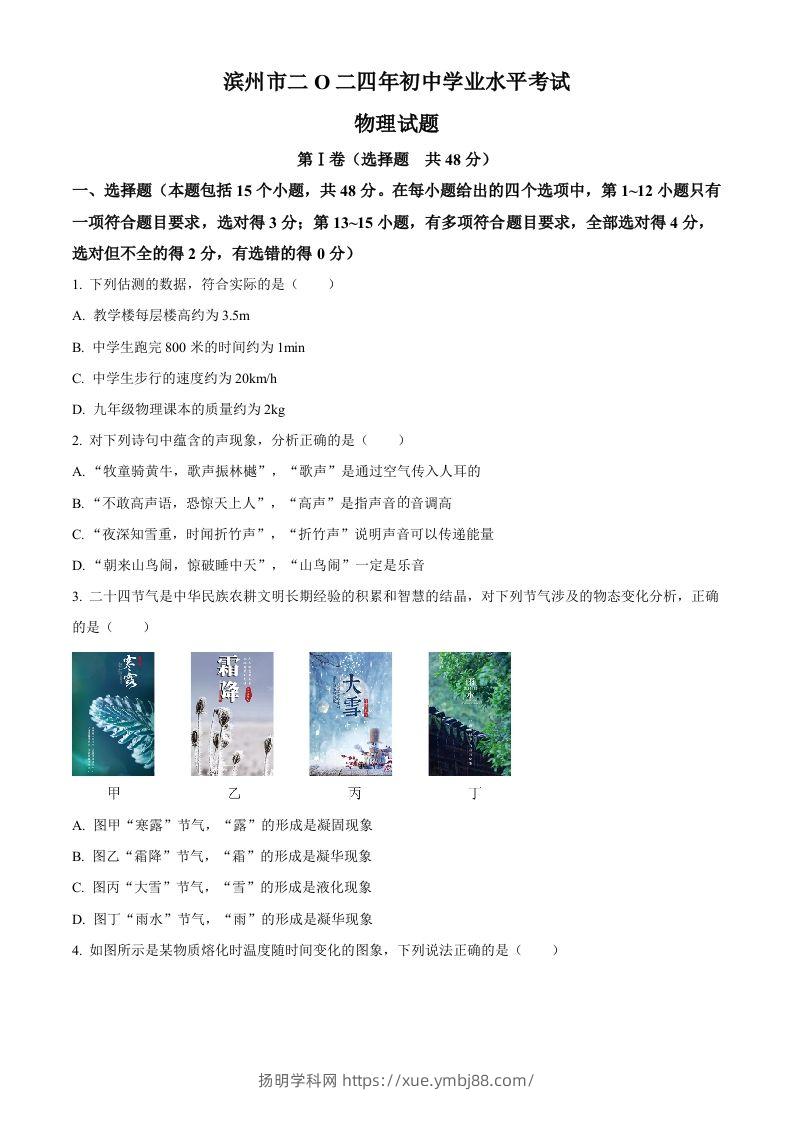 2024年山东省滨州市中考物理试题（空白卷）-扬明学科网