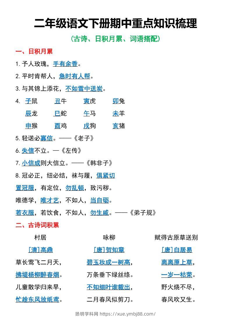 二年级语文下册期中重点知识梳理6页-扬明学科网