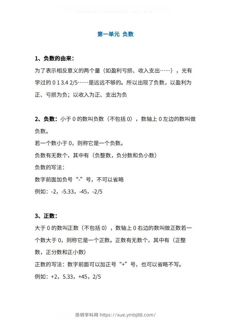 人教版6年级数学下册知识点1-4单元-扬明学科网