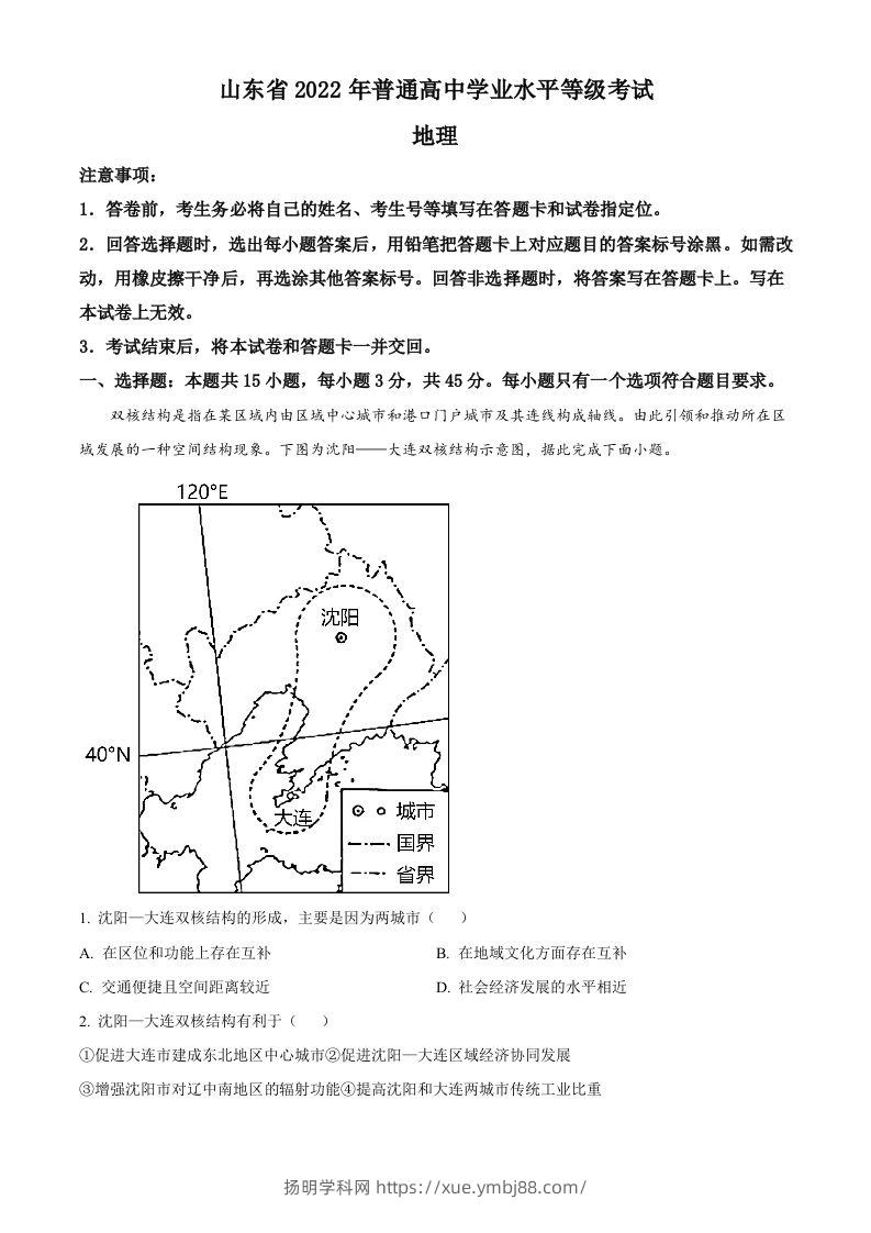2022年高考地理试卷（山东）（空白卷）-扬明学科网
