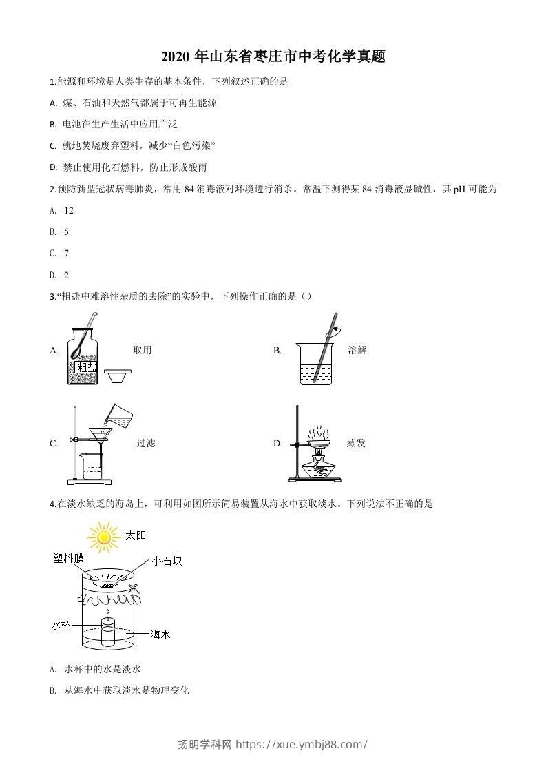 山东省枣庄市2020年中考化学试题（空白卷）-扬明学科网