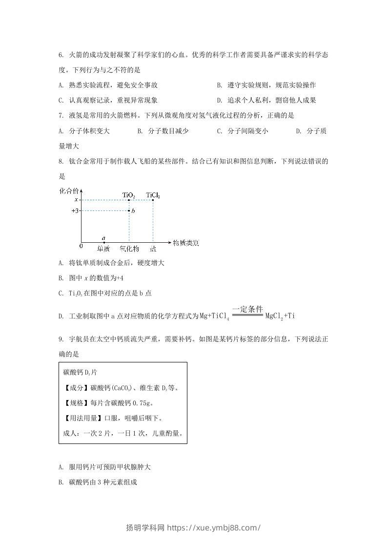 图片[2]-2024年吉林长春中考化学试题及答案(Word版)-扬明学科网