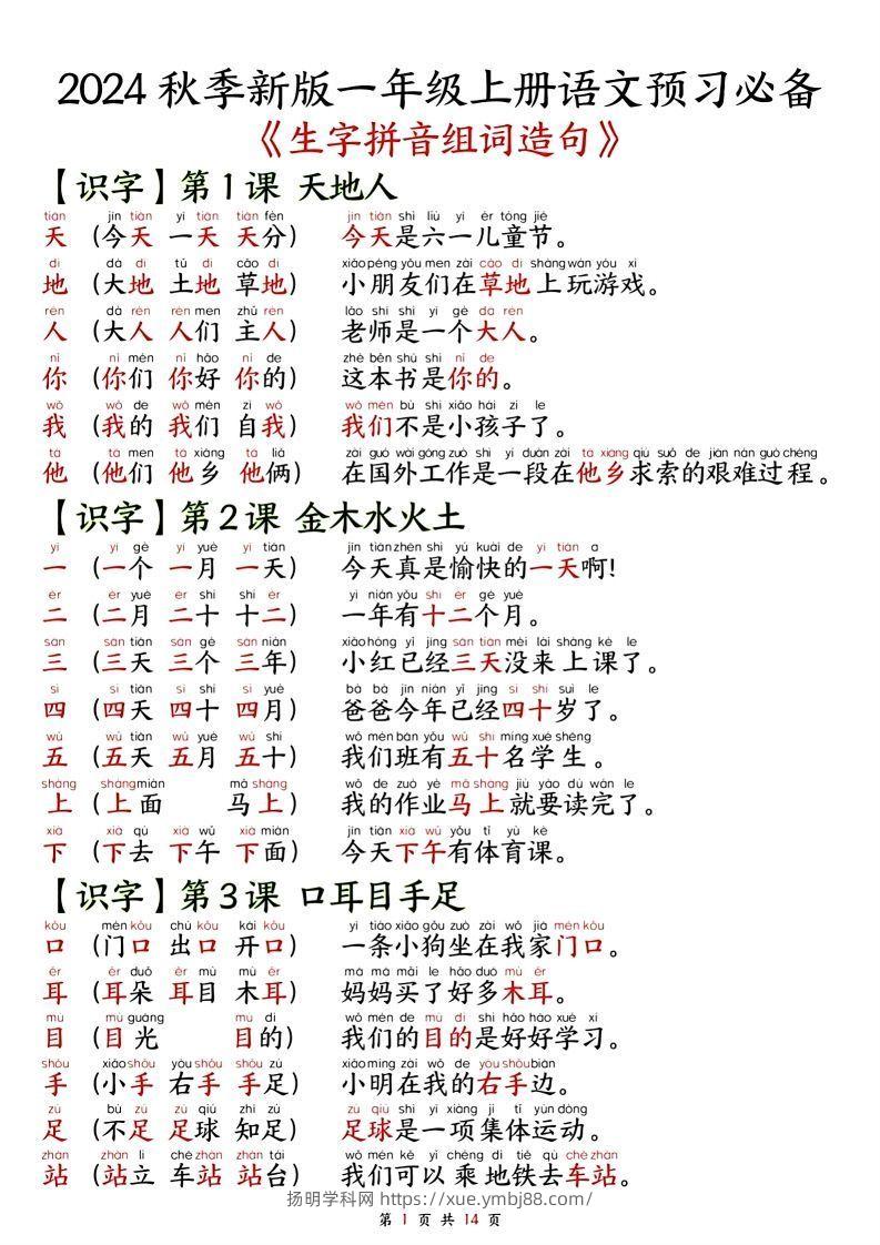 一年级上册语文单元知识要点之生字拼音组词造句-扬明学科网
