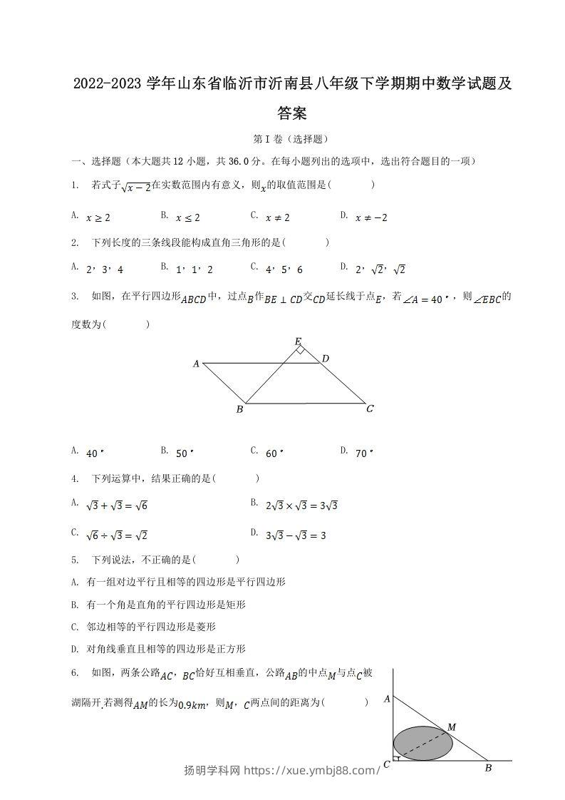 2022-2023学年山东省临沂市沂南县八年级下学期期中数学试题及答案(Word版)-扬明学科网