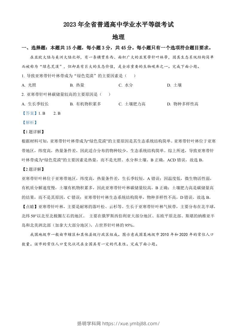 2023年高考地理试卷（山东）（含答案）-扬明学科网