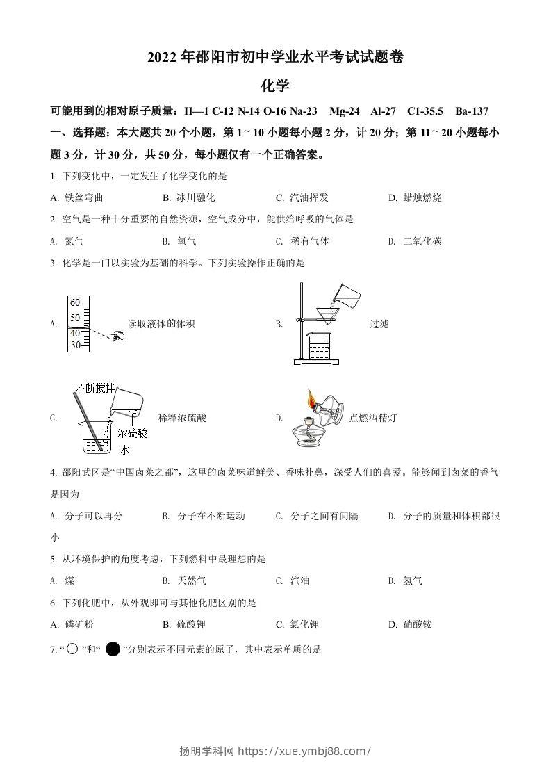 2022年湖南省邵阳市初中学业水平模拟考试化学试题（空白卷）-扬明学科网