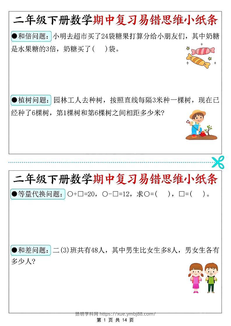 二年级下册数学期中复习易错思维小纸条-扬明学科网