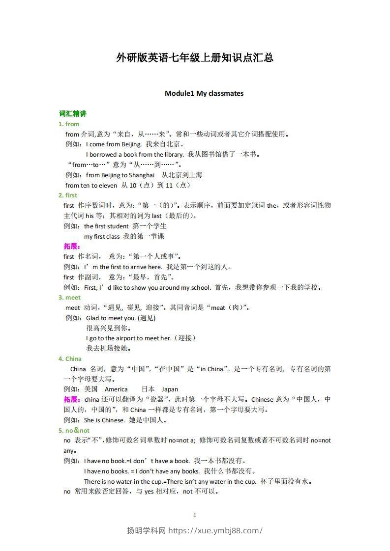 外研版英语七年级上册知识点汇总-扬明学科网