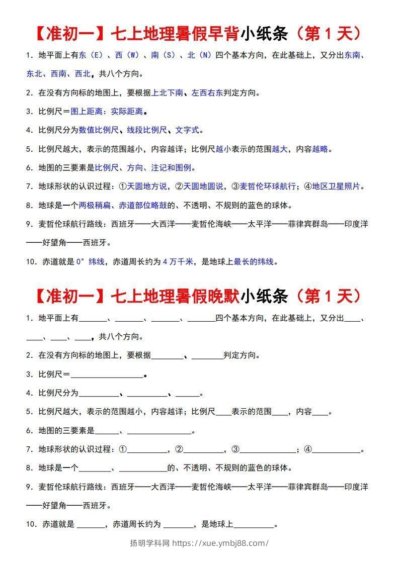 七上地理早背晚练小纸条-扬明学科网