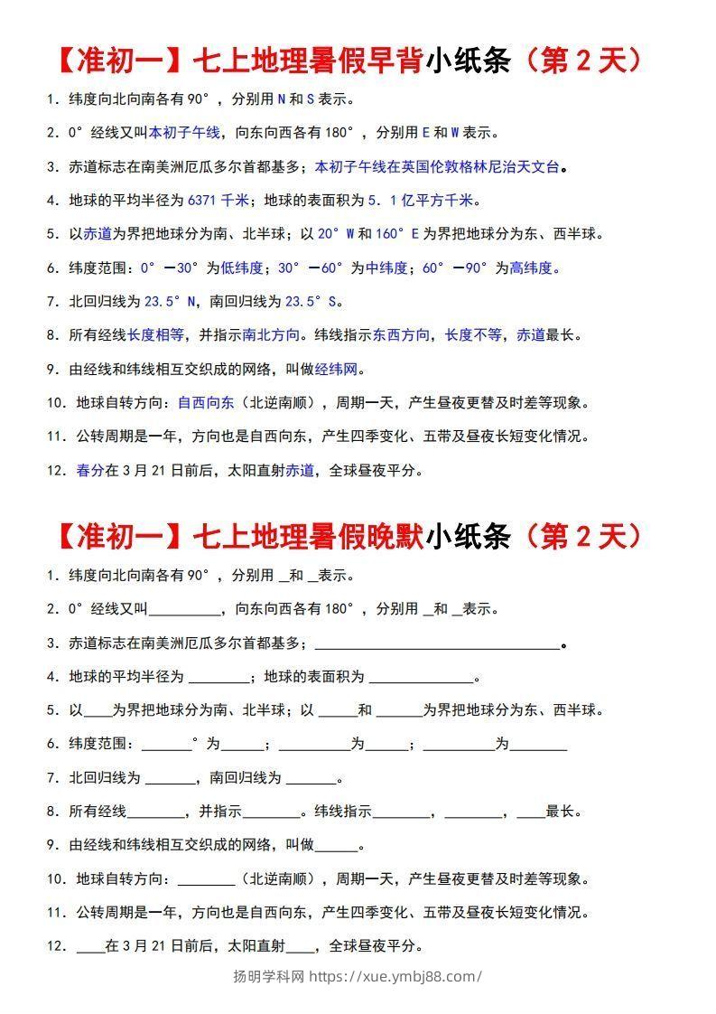 图片[2]-七上地理早背晚练小纸条-扬明学科网