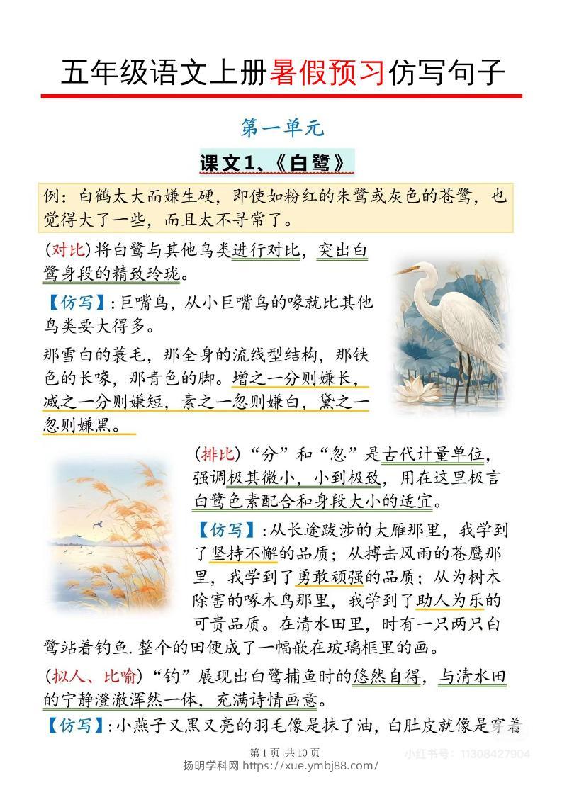 五年级语文上册暑假预习仿写句子-扬明学科网