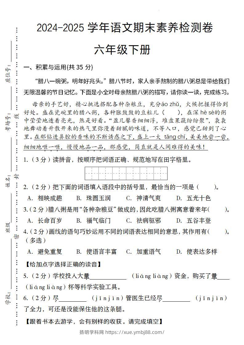 24-25学年语文期末素养检测卷六年级下册-扬明学科网