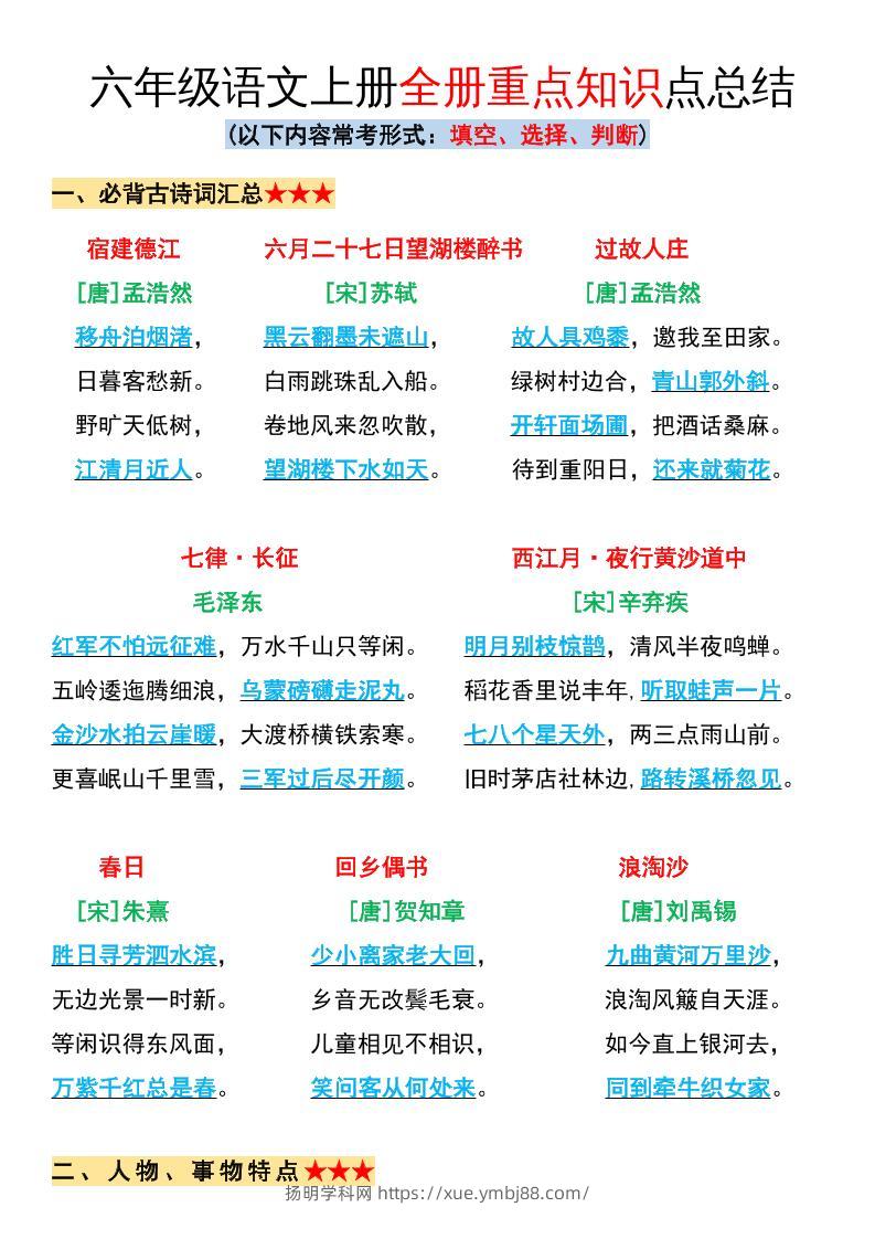 六年级语文上册全册重点知识点总结-扬明学科网