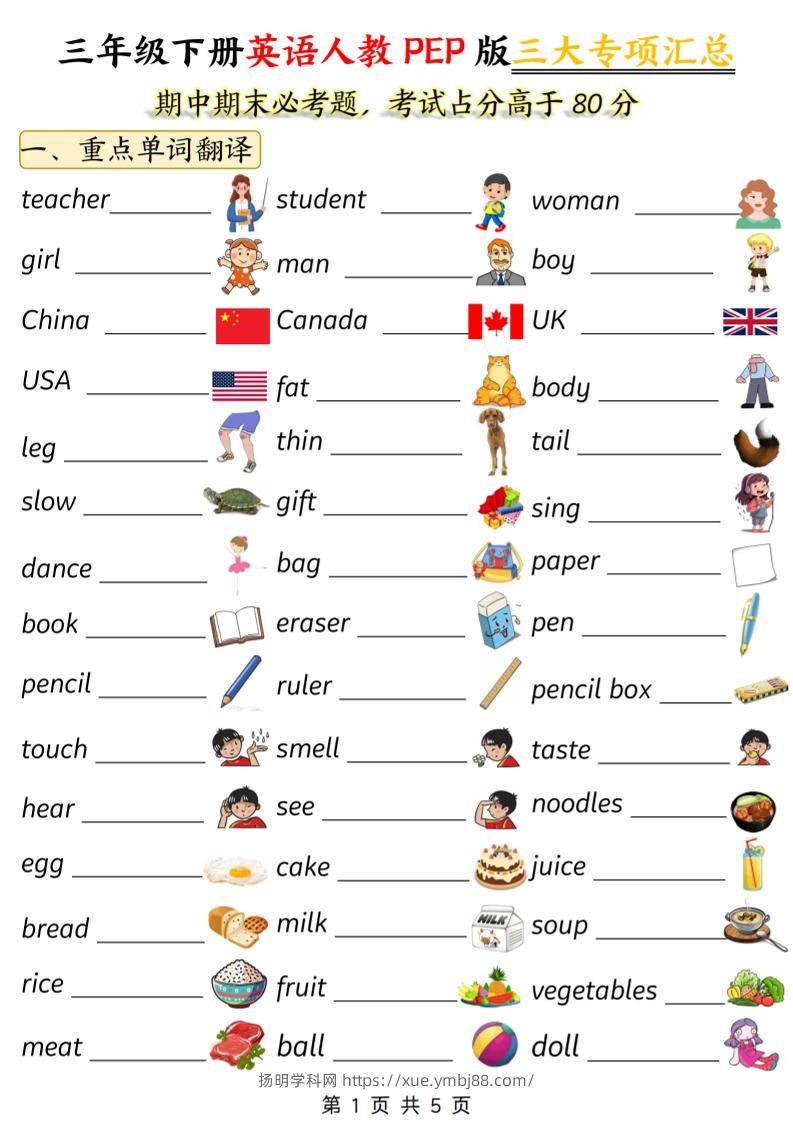 三下人教PEP版英语三大专项汇总5页-扬明学科网
