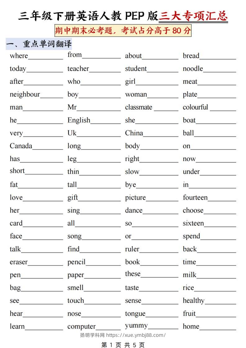 三下人教PEP版英语三大专项汇总10页-扬明学科网