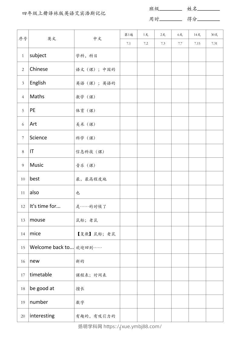 四年级上册译林版英语艾宾浩斯记忆-扬明学科网