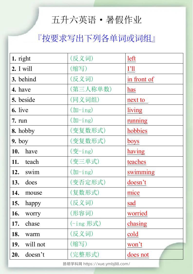五升六英语暑假作业之按要求写出下列各单词或词组-六上英语-扬明学科网